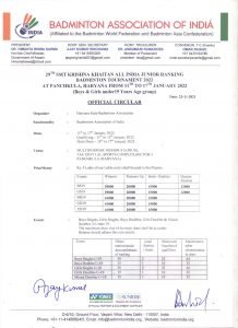 29th Smt.Krishna Khaitan All India Junior Ranking Badminton Tournament 2022