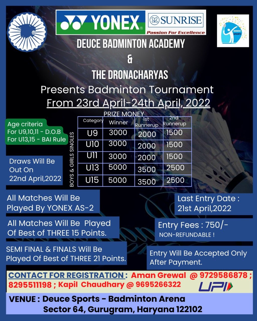DEUCE BADMINTON ACADEMY AND THE DRONACHARYAS BADMINTON TOURNAMENT