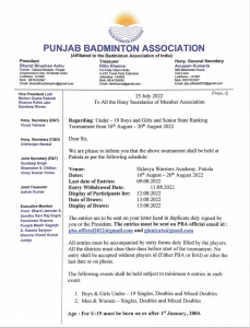 U19 and Senior State Ranking Badminton Tournament 2022