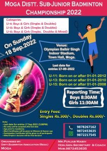 Moga Distt.Sub Junior Badminton Championship 2022