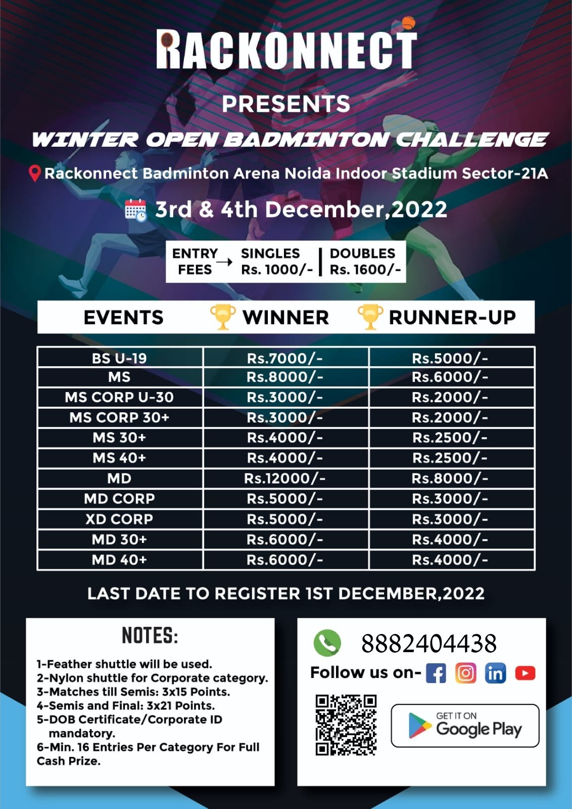 Rackonnect Winter Open Badminton Challenge Noida