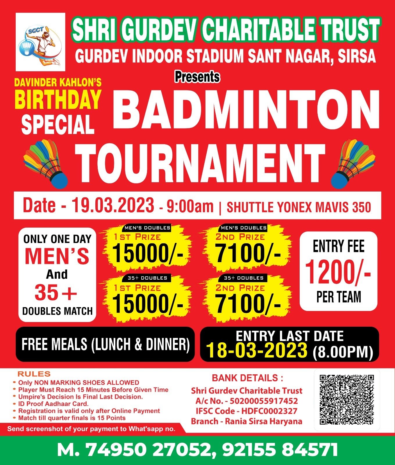 Badminton Doubles Tournament, Sant Nagar