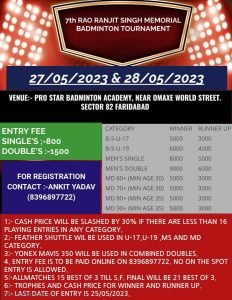 7th Rao Ranjit Singh Mem.Badminton Tournament 27-28 May 2023