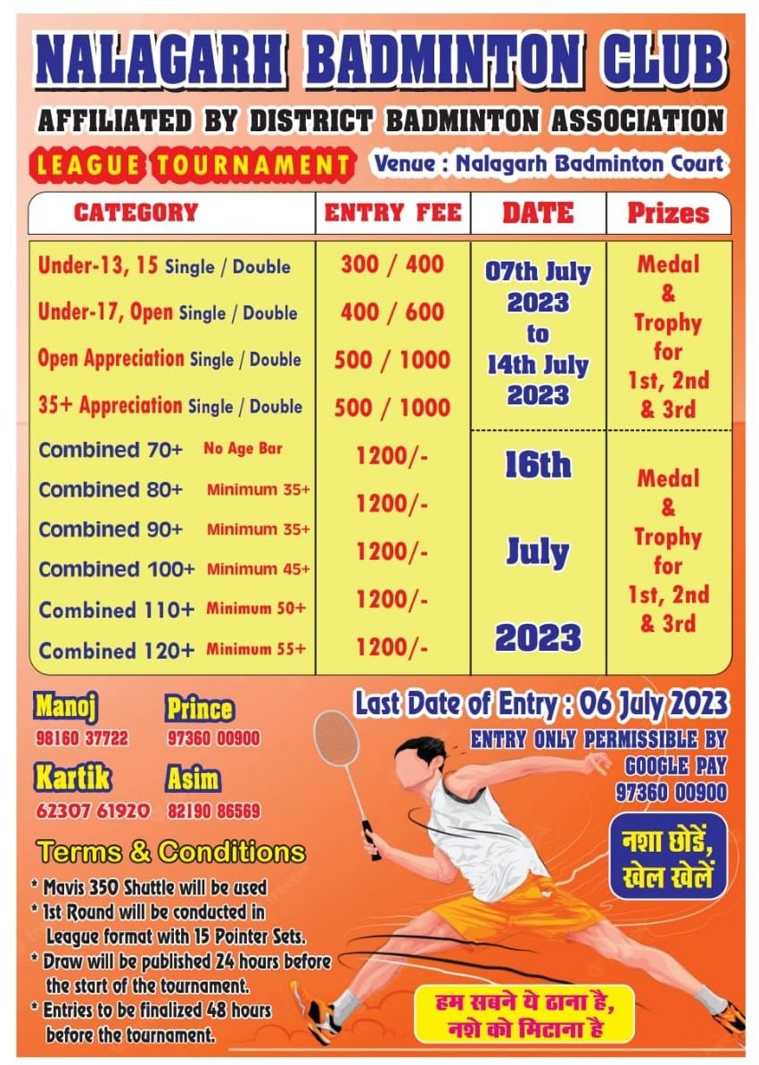 NALAGARH BADMINTON LEAGUE TOURNAMENT 07-14 JULY 2023
