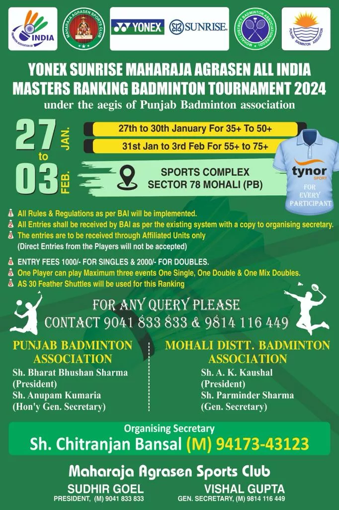 Yonex Sunrise Maharaja Agrasen All India Masters Ranking Badminton Tournament 2024