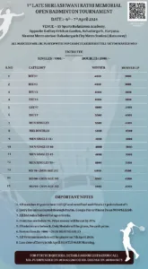 1st Late Sh.Ashwani Rathi Mem Open Badminton Tournament