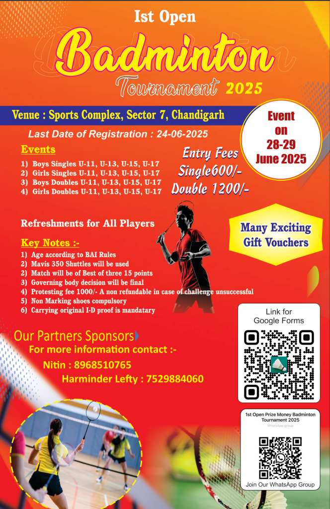 1st Open Badminton Tournaemnt Sector 7 Chandigarh